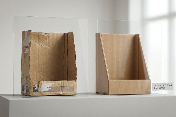 Warped, damaged corrugated cardboard display next to a new, pristine Thermal Resistant & UV Coated unit.