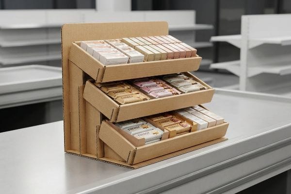 A three-tiered micro-flute corrugated cardboard counter display showcasing various Energy bars and small product boxes on a grey retail counter.