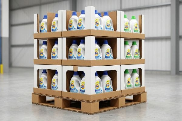 Corrugated cardboard shop-through pallet display with Tide detergent jugs, featuring white inner reflective liners.