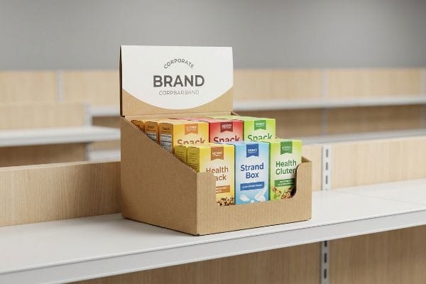 Expositor de snacks PDQ para varejo Uma prateleira de loja exibe um expositor de papelão ondulado marrom da Pretty Darn Quick (PDQ) contendo caixas de salgadinhos em camadas, incluindo as marcas 'Strand Box' e 'Health Gluten', com um cabeçalho da 'Marca Corporativa'.