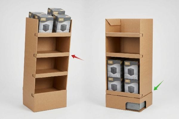 Display Stability Comparison Natural brown corrugated cardboard displays showing unstable top-heavy merchandising with Hyden Mocha boxes versus stable bottom-weighted anchoring.
