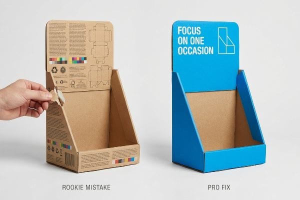 Rookie Pro Display Kraft paper point-of-purchase display, labeled "Rookie Mistake", shows assembly error with a torn tab, contrasted by a clean blue "Pro Fix" display focusing on "Focus On One Occasion".