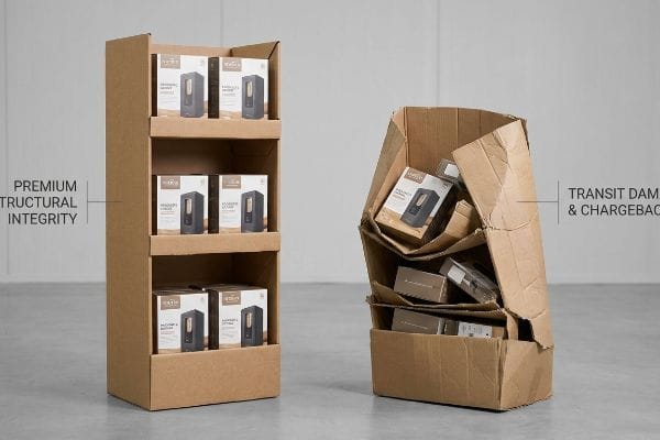 Brown corrugated point of purchase displays, contrasting Premium Structural Integrity with Transit Damage & Chargeback, holding product boxes.