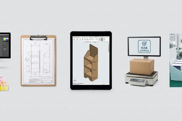 Display Production Steps Blueprint of a display stand, 3D CAD render on a tablet, and a package undergoing ISTA Certified transit testing on a scale.
