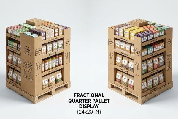 Fractional Quarter Pallet Display Two corrugated cardboard Fractional Quarter Pallet Displays (24x20 In) filled with diverse products, ideal for point-of-purchase.