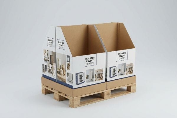Quarter Pallet Displays Retail Corrugated cardboard quarter-pallet displays, white with blue accents, showcasing kitchen appliances on a wooden pallet, labeled 'Quarter Pallet (24x20)'.