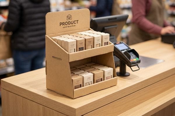 Cardboard Counter Display A retail checkout counter features a two-tier cardboard Product Counter Display filled with small product boxes, beside a payment terminal, designed for impulse purchases.