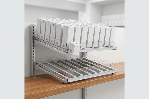 Retail Gravity Feed Rack White cartons sliding down a two-tier gravity feed rack system on a retail shelf, showcasing automatic product display.