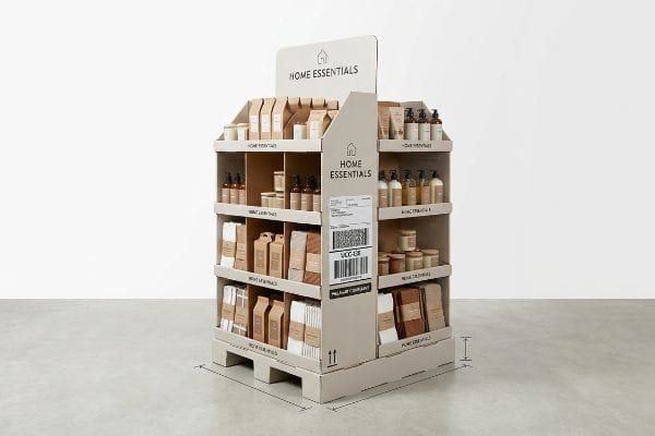 Home Essentials Endcap Display Beige corrugated cardboard endcap display unit showcasing Home Essentials products, featuring a visible UCC-128 barcode for retail compliance.