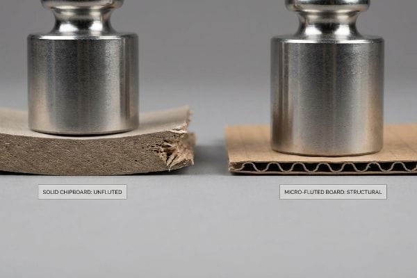 Fluted vs Unfluted Strength Unfluted Solid Chipboard buckling under a metal weight, contrasted with Micro-Fluted Structural Board supporting the load.