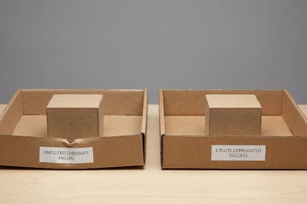 Corrugated vs Unfluted Two brown cardboard trays: one shows 'Unfluted Substrate Failure' with a bowed side, the other is 'E-Flute Corrugated Success' and intact.