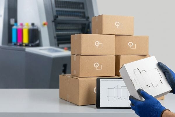 Corrugated boxes, an unfolded packaging template, and a tablet with a CAD die-line for structural engineering.