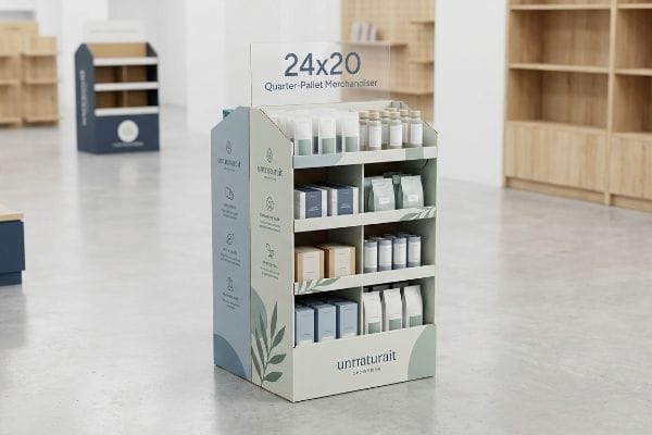 Cardboard 24x20 Quarter-Pallet Merchandiser by Unnaturait, displaying natural-toned retail products on multiple shelves.