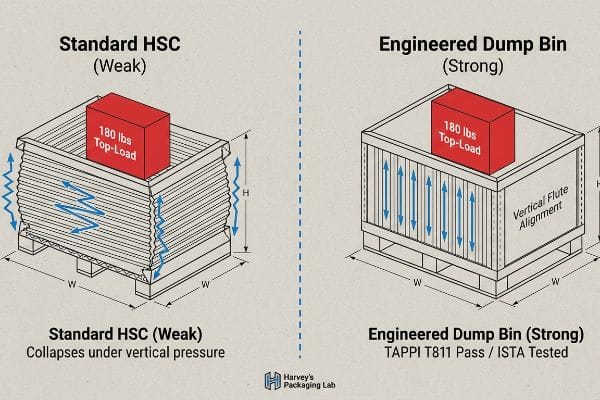 Dump Bin Strength Test Weak Standard HSC collapsing under 180 lbs Top-Load vs. strong Engineered Dump Bin with vertical flute alignment.
