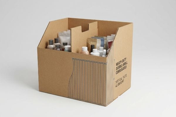 Heavy-Duty Double-Wall Corrugated dump bin display with Vertical Flute Alignment, filled with beauty products and internal H-dividers.