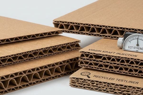 Brown corrugated board stacks display flutes, an ECT Strength meter, and labels: Virgin Kraft Injection, Recycled Testliner.