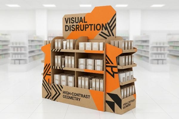 Visual Disruption Display Corrugated cardboard retail display with orange and black high-contrast geometry, 'Visual Disruption' header, and aggressive die-cut shapes, filled with product boxes.