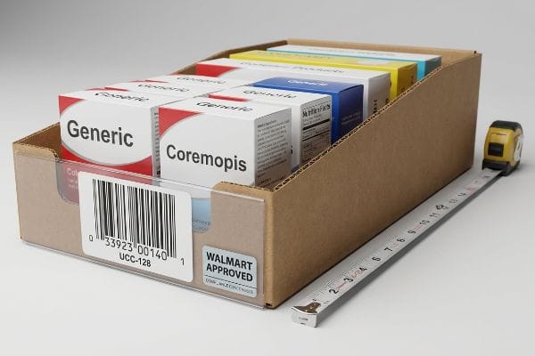 A Walmart PDQ tray with generic and Coremopis medicine boxes, displaying a UCC-128 barcode, "Walmart Approved" label, and a measuring tape.