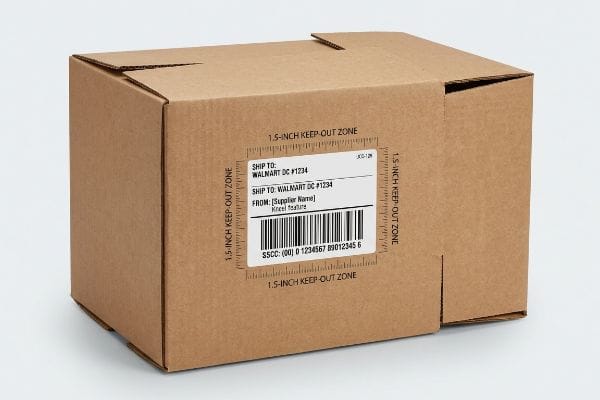 Walmart Shipping Box Label Brown corrugated cardboard box with a shipping label showing Walmart DC #1234, a barcode, SSCC, and a 1.5-Inch Keep-Out Zone.