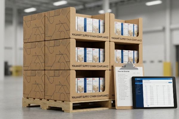 Walmart Compliance Displays Checklist Corrugated cardboard display units on a wooden pallet, with 'Walmart Supply Chain Compliance' products, a checklist, and a tablet showing a digital compliance system.