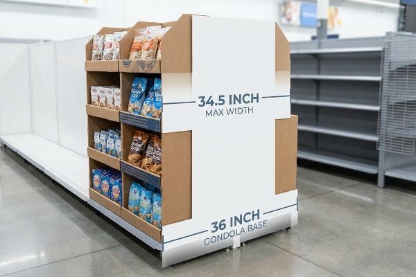 Walmart Endcap Dimensions Corrugated cardboard retail endcap display in a Walmart aisle, filled with snacks, highlighting 34.5 Inch Max Width and 36 Inch Gondola Base dimensions.