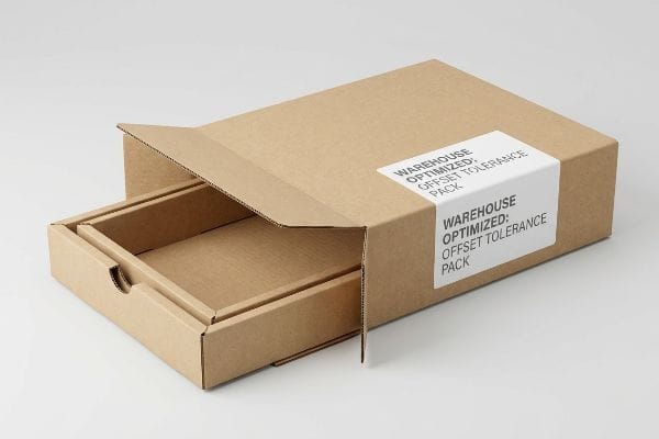 Brown corrugated cardboard box, partially open, with a nested inner tray and "Warehouse Optimized: Offset Tolerance Pack" labels, demonstrating offset clearance.