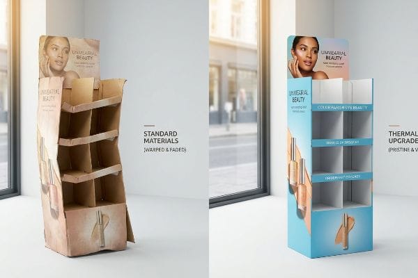 Affichage déformé vs affichage thermique Comparaison de présentoirs en carton ondulé : le présentoir déformé « Matériaux standards » contre le présentoir impeccable « Amélioration thermique » pour les cosmétiques « Beauté irréelle ».