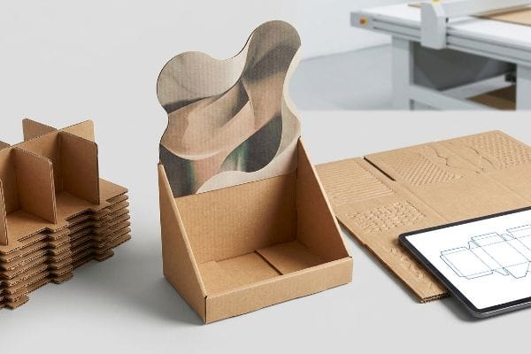 Corrugated cardboard display with a wavy die-cut header, modular dividers, textured board, and a tablet showing CAD packaging design.