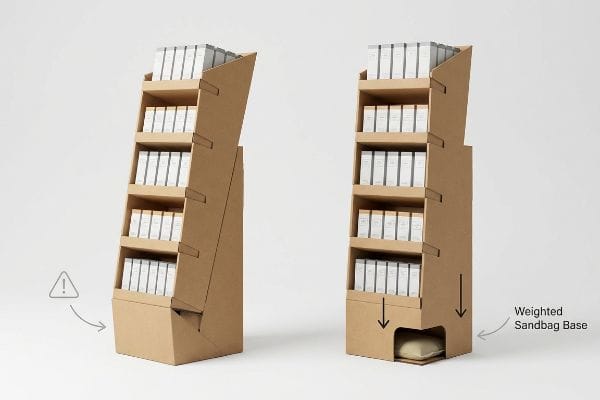 Weighted Sandbag Base Stability Corrugated cardboard gravity feed displays comparing an unstable unit with a stable one featuring a hidden Weighted Sandbag Base, crucial for center of gravity anchor.