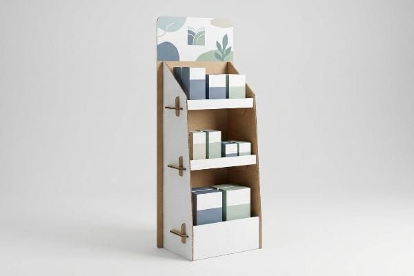présentoir à trois niveaux en carton ondulé blanc