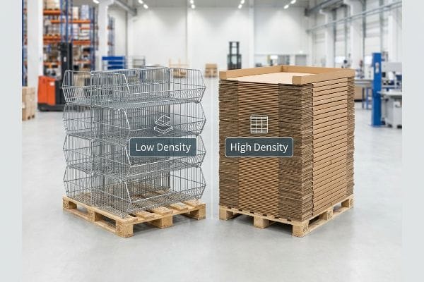 Welded metal wire racks demonstrate Low Density, contrasted by High Density flat-packed corrugated cardboard on pallets in a warehouse.