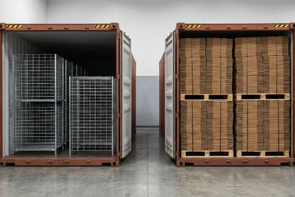 Container Contents Comparison Metal wire racks in one shipping container, beside another packed with flat-packed corrugated cardboard sheets on pallets.