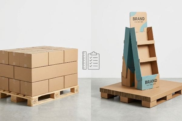 Palettes en bois et en carton ondulé Palette en bois contenant des cartons d'expédition bruns, à côté d'un présentoir de vente au détail en carton ondulé portant l'inscription « Marque » sur une palette en carton.