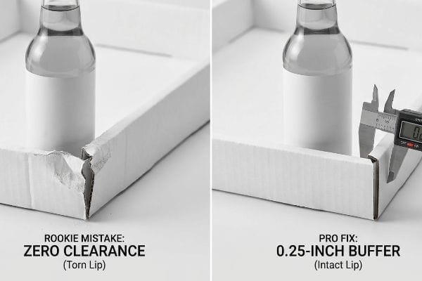 Corrugated packaging comparison: a torn retaining lip from Zero Clearance versus an intact lip with a 0.25-Inch Buffer, measured by a caliper.