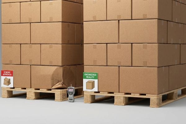 Generic vs Engineered Packaging Brown corrugated boxes on wooden Euro pallets, contrasting a crushed 'Generic Approach' stack with intact 'Engineered Reality' boxes, measured by a force gauge.