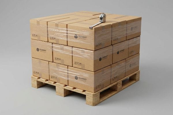 Boxes Pallet Measurement Shrink-wrapped brown cardboard boxes with 'Dummy' logo on a wooden pallet, featuring a measuring tape for precise retail packaging.