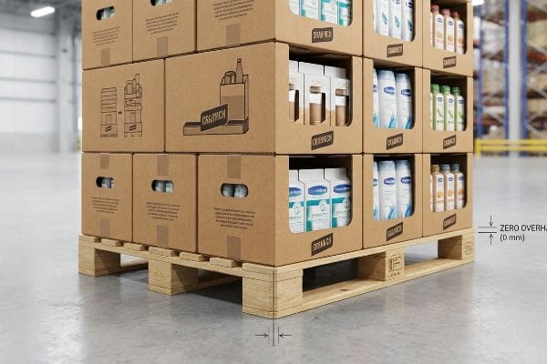 Brown corrugated display-ready boxes on a wooden pallet, showing Zero Overhang (0 mm) with personal care products, in a warehouse.