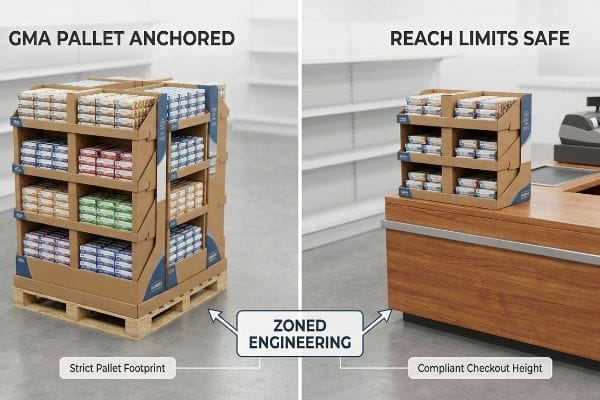 Zoned Engineering Displays Cardboard displays: GMA Pallet Anchored floor unit and Reach Limits Safe counter display, demonstrating Zoned Engineering.