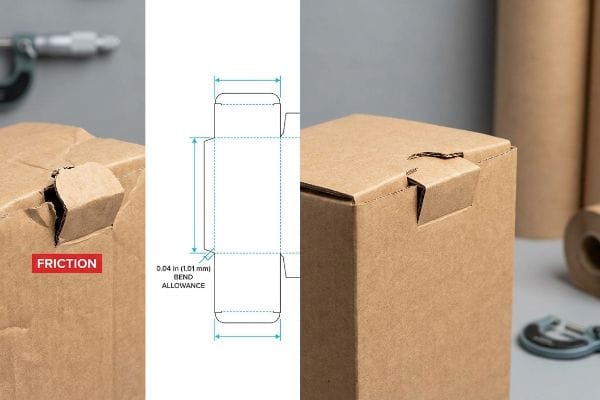 Bend Allowance Friction Solution Brown corrugated box with a torn 'Friction' flap, a dieline showing '0.04 in (1.01 mm) Bend Allowance', and a precisely assembled interlocking tab.
