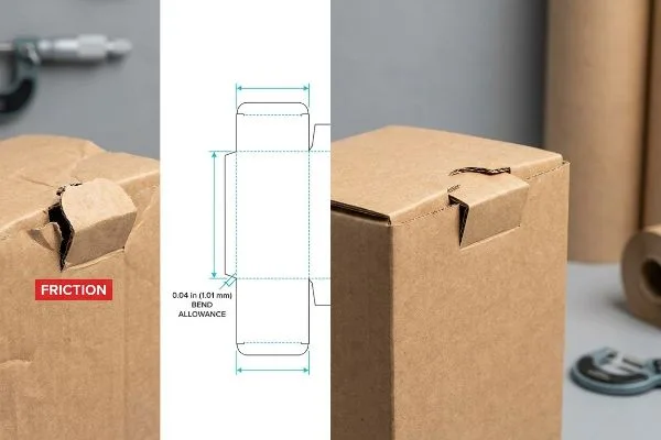 曲げ代摩擦ソリューション 茶色の段ボール箱で、「摩擦」のフラップが破れており、型抜き線には「0.04インチ(1.01mm)曲げ代」と表示され、正確に組み立てられたインターロッキングタブが付いています。.