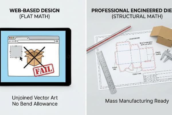 A tablet displays a 'Fail' web-based design with unjoined vector art, contrasted with a professional engineered dieline showing structural math, bend compensation (0.04-inch buffer), rulers, and a caliper for mass manufacturing.