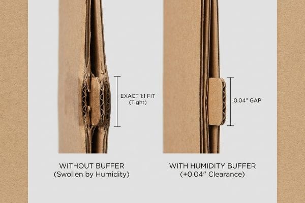 Corrugated Swell Buffer Comparison Corrugated cardboard joints: Exact 1:1 Fit (Tight) without buffer, swollen by humidity, contrasted with a 0.04" Gap with humidity buffer (+0.04" Clearance).