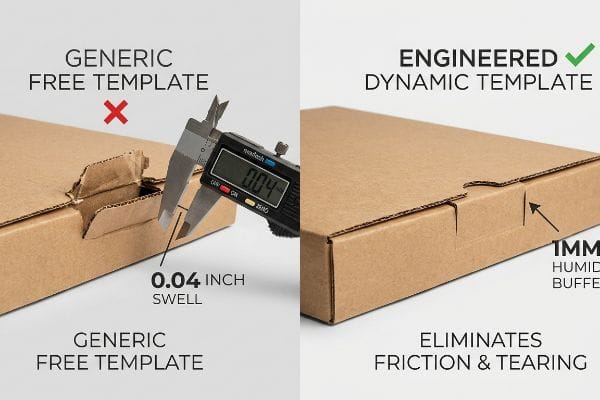Vergleich von Kartonverpackungen: Generische kostenlose Vorlage mit 0,04-Zoll-Wölbung vs. Engineered Dynamic Vorlage mit 1 mm Feuchtigkeitspuffer.