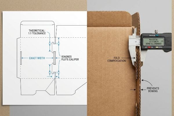 Digital caliper measures corrugated box flap, showing 0.11 Inch Bend Allowance and Fold Compensation.
