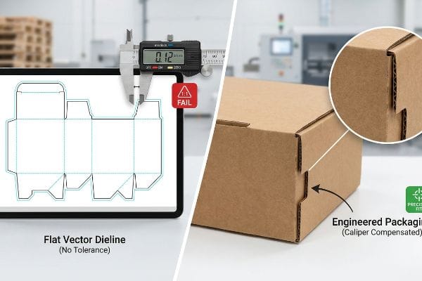 Emballage compensé Caliper Pied à coulisse numérique affichant 0,12 pouce sur une ligne de découpe vectorielle plate « Échec », contrastant avec une boîte en carton ondulé « Emballage technique (compensé au pied à coulisse) ».