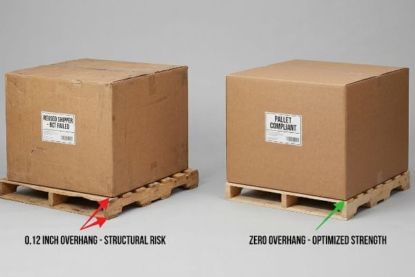 Pallet Overhang Structural Risk Pallet overhang comparison: "Reused Shipper - BCT Failed" box, 0.12-inch overhang (structural risk), vs. "Pallet Compliant" box, zero overhang.
