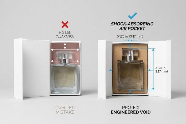 Engineered Void Packaging White gift boxes show packaging: a Tight-Fit Mistake (No Sbs Clearance) versus a Pro-Fix Engineered Void (0.125 in Shock-Absorbing Air Pocket).