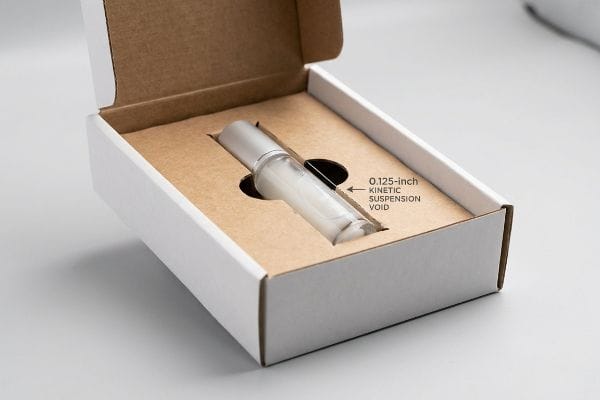 White box with kraft insert suspending a clear glass vial, showing the 0.125-inch Kinetic Suspension Void.