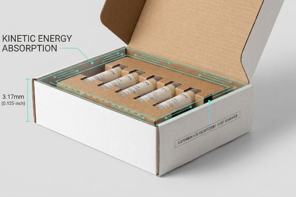 White box with kraft insert showcasing Kinetic Energy Absorption and 3.17mm (0.125-inch) suspension void for cosmetic containers.