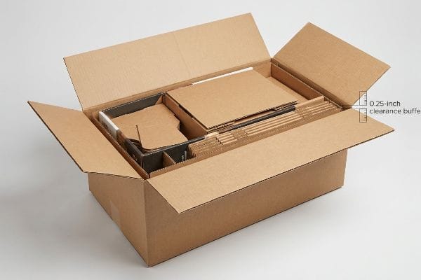 Brown corrugated cardboard box showing nested flat-pack inserts with a 0.25-inch clearance buffer for easy unpacking.